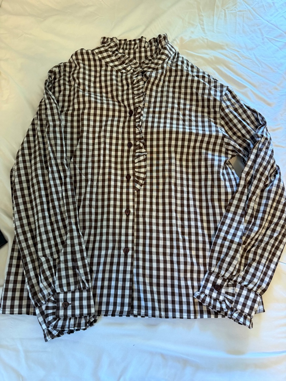 Brown Plaid Button Up with Ruffles